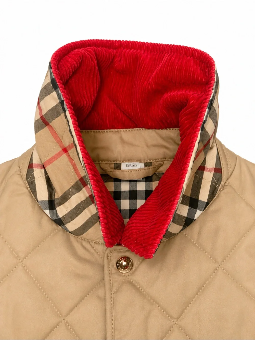 Burberry Tan Quilted Puffer Jacket with Red Corduroy Collar